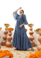 Jyoti Fashion Women's Blue Heavy Digital Printed Cotton Silk Anarkali Dress | Grocsy