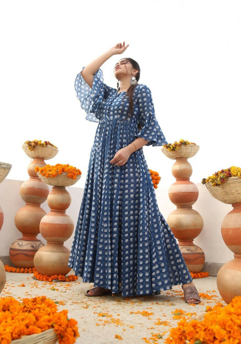 Jyoti Fashion Women's Blue Heavy Digital Printed Cotton Silk Anarkali Dress | Grocsy