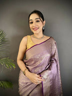Joban Fashion Lavender Floral & Paisley Motifs Soft Satin Silk Banarasi Saree | Grocsy