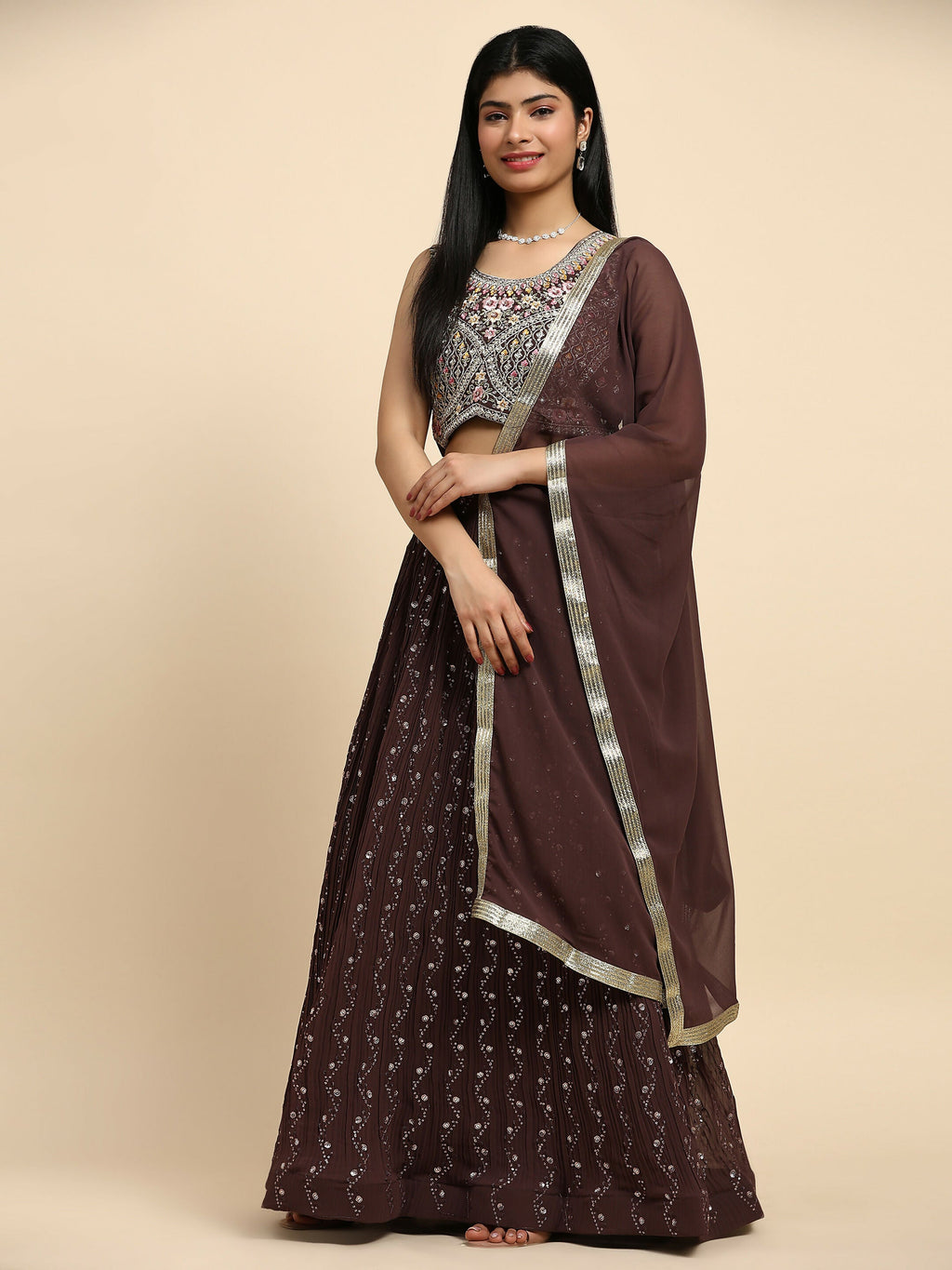 Brown Georgette Embroidered Lehenga choli with Dupatta - Dhara | Grocsy