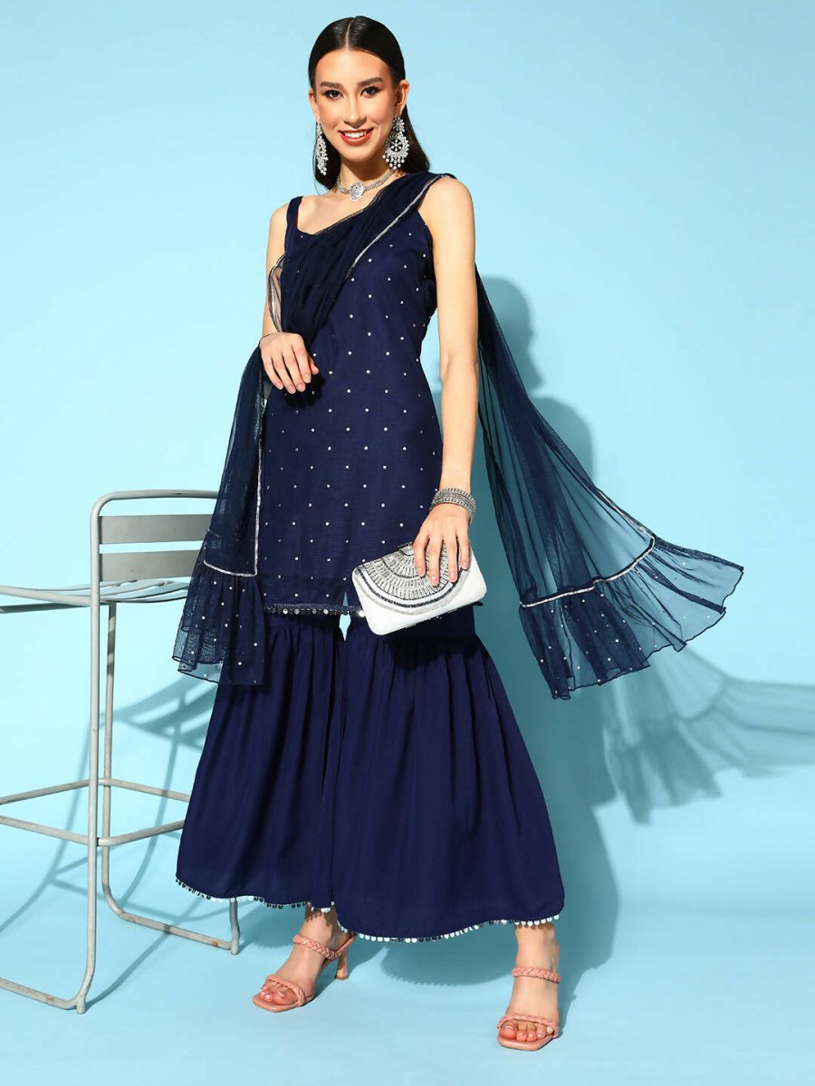 Ahalyaa Women Navy Blue Colour Crepe Foil Printed Kurta Sharara Set With Dupatta | Grocsy