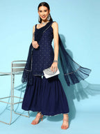 Ahalyaa Women Navy Blue Colour Crepe Foil Printed Kurta Sharara Set With Dupatta | Grocsy
