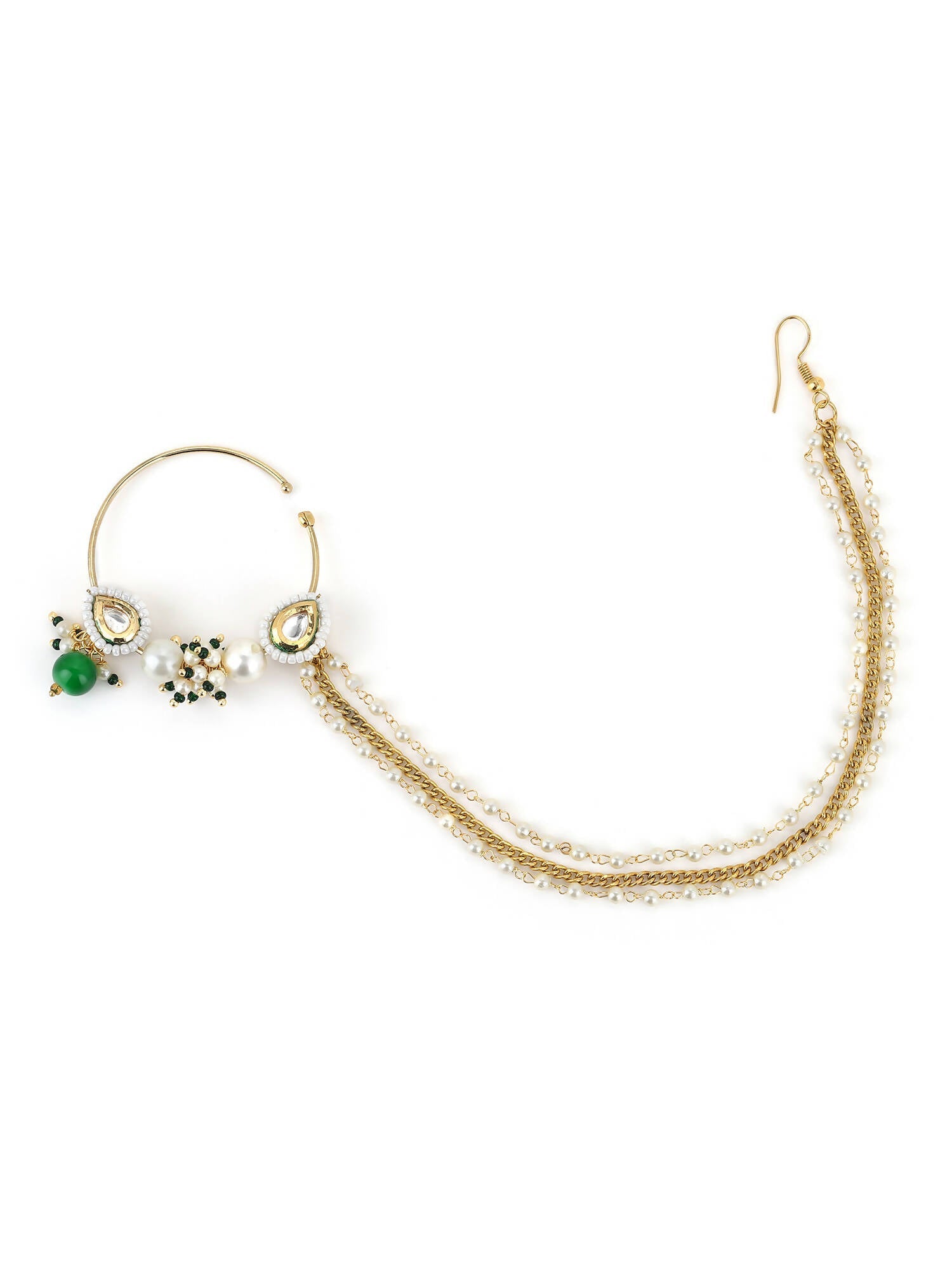 Gold-Polished White Green Kundan-Studded Pearl Beaded Nosepin - Ruby Raang | Grocsy
