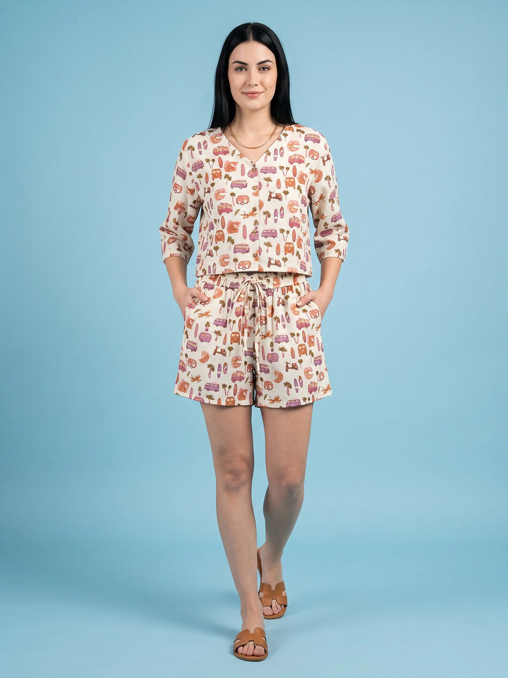 Breathables Woven Cotton Half Sleeves Beach Inspired Shorts Set Cream | Grocsy