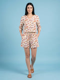 Breathables Woven Cotton Half Sleeves Beach Inspired Shorts Set Cream | Grocsy