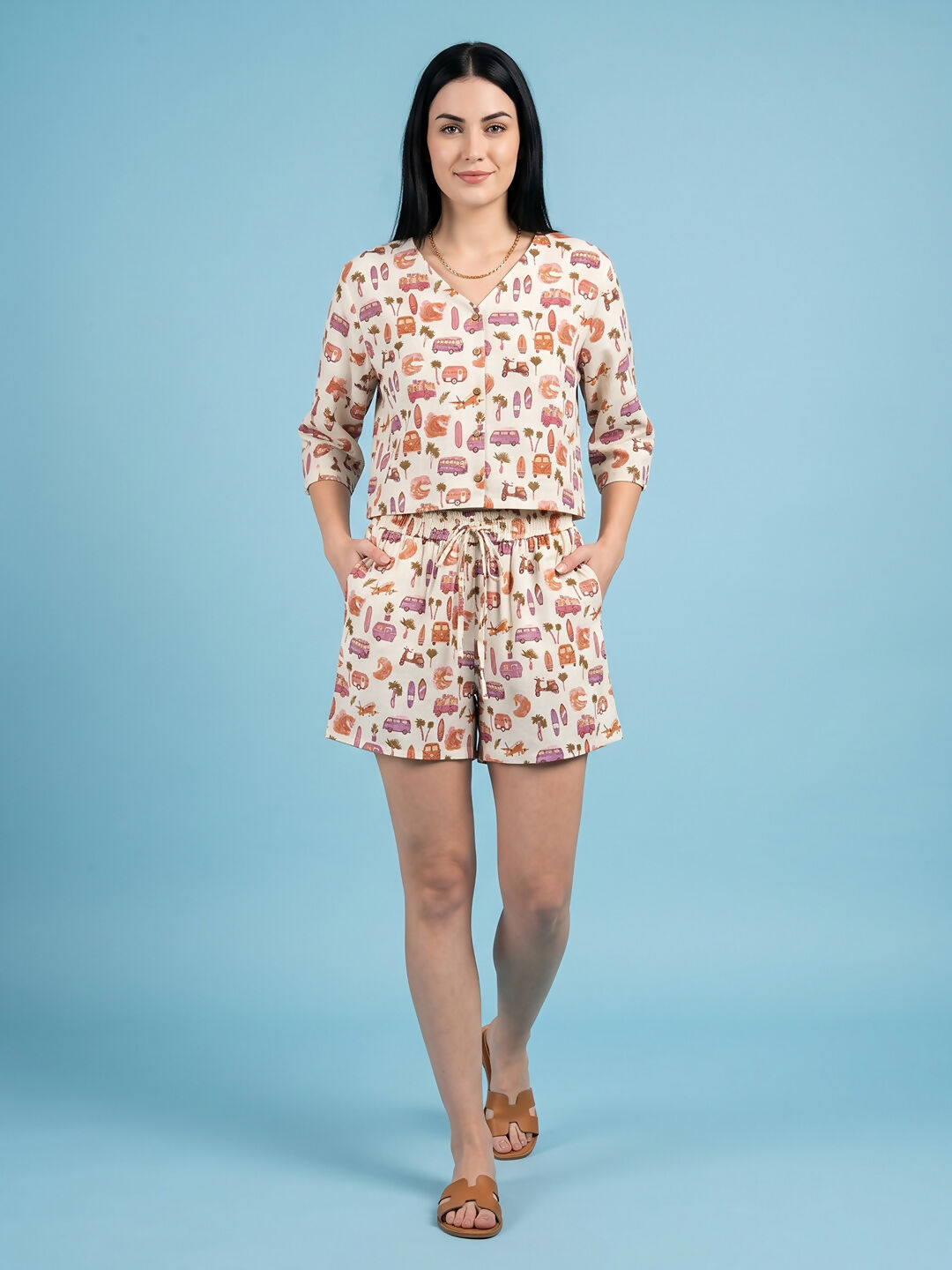 Breathables Woven Cotton Half Sleeves Beach Inspired Shorts Set Cream | Grocsy