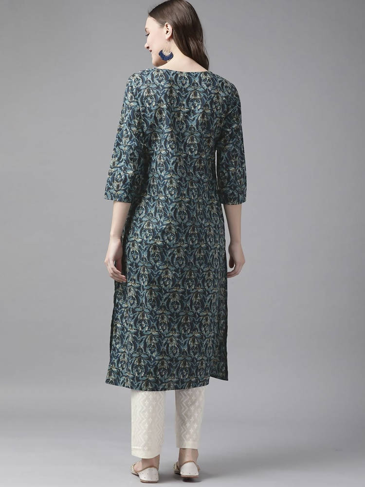 Yufta Women Blue and White Ethnic Motifs Pure Cotton Kurta with Trouser | Grocsy