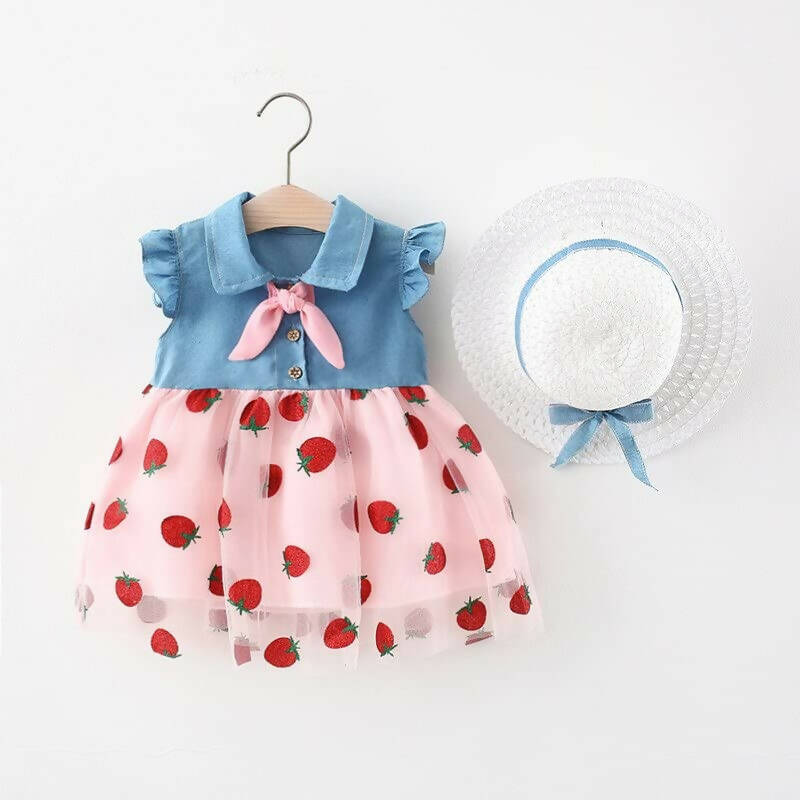 Bold N Elegant Cap Sleeve Denim Embroidered Midi Party Dress Frock with Hat Dress - Strawberry Pink | Grocsy