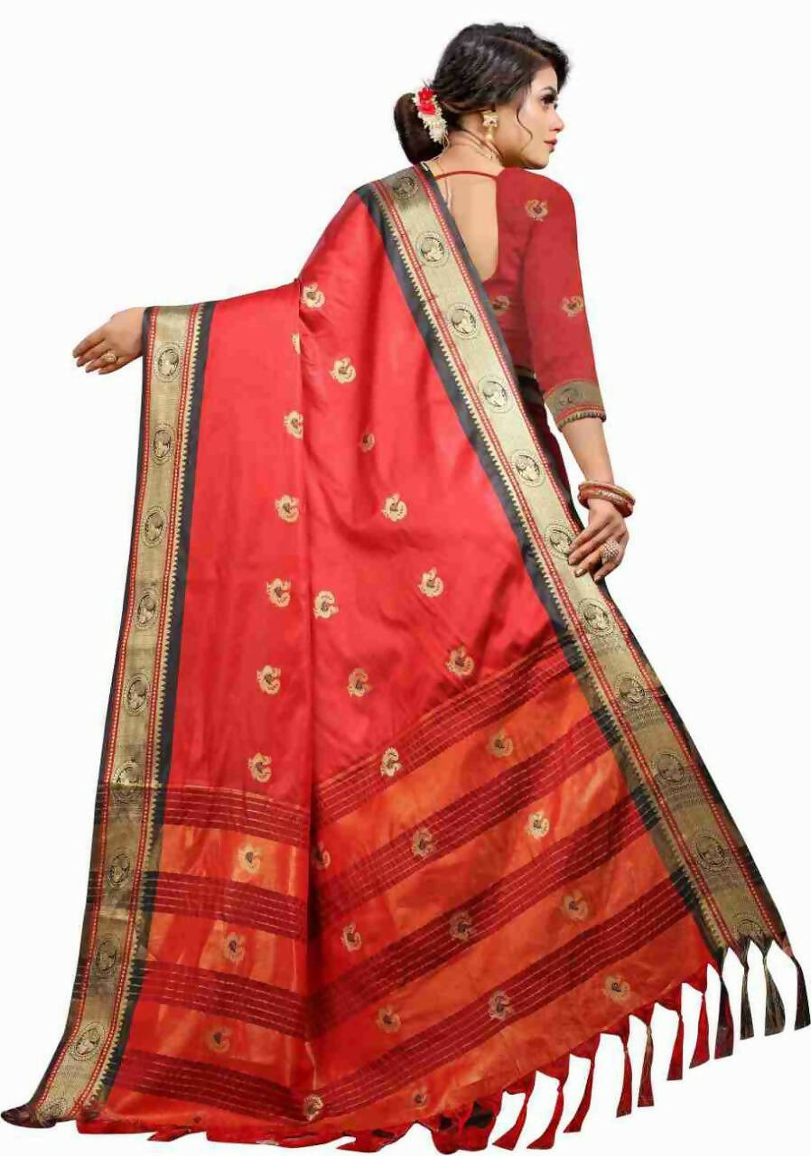 DEIANA'S Beautiful Designer Golden zari Soft Lichi Silk Saree - Red | Grocsy