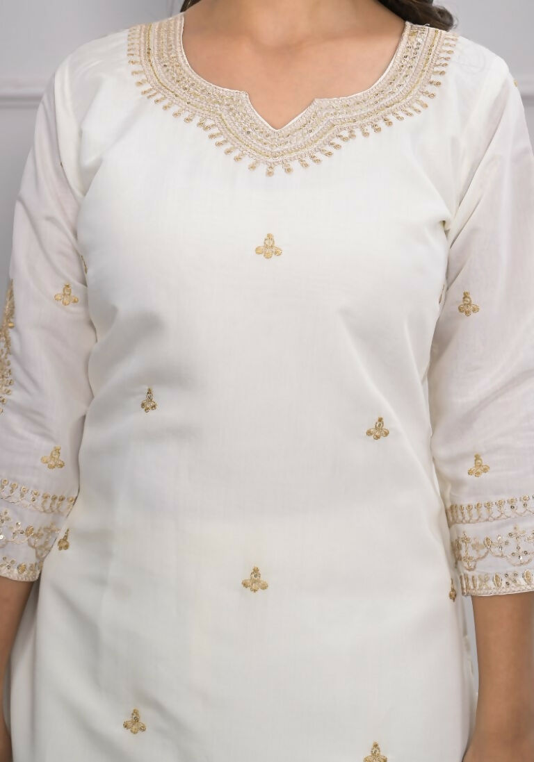 White Viscose Silk Embroidery with Thread and sequence Stitched Suit With Dupatta - Tanisha | Grocsy