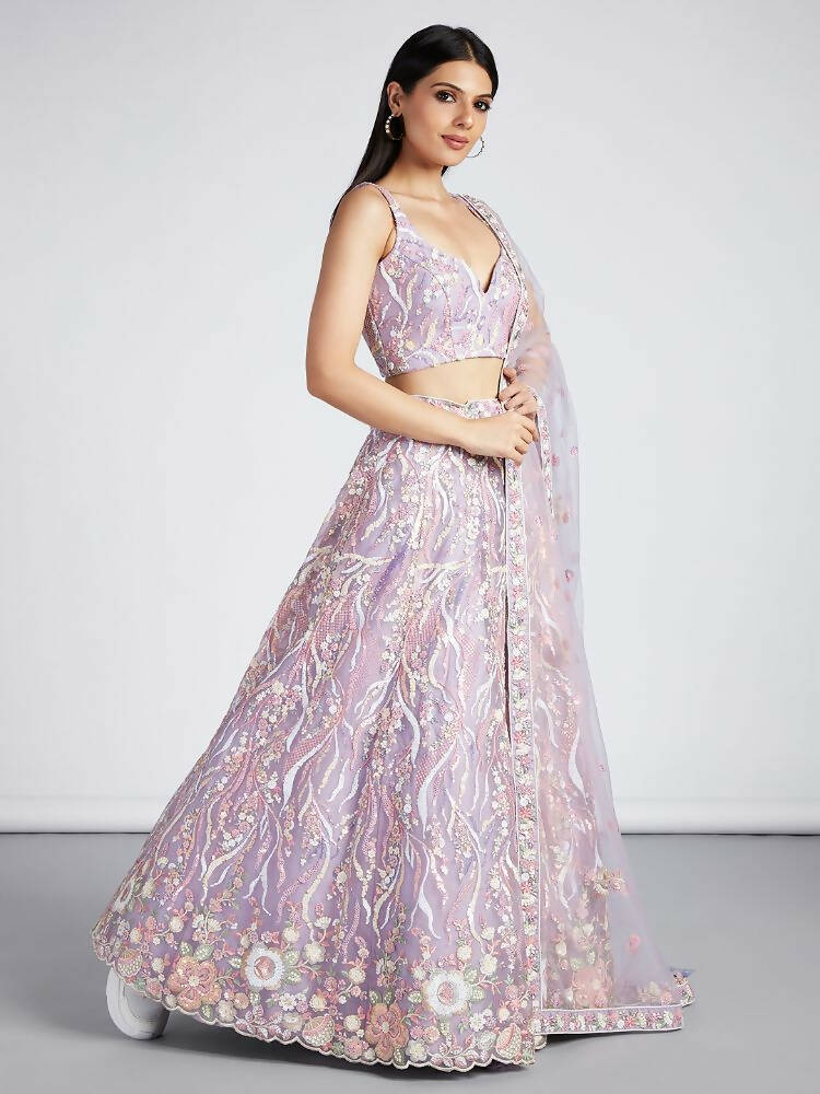 House of Panchhi Mauve Net Sequins And Thread Embroidery Lehenga Choli & Dupatta | Grocsy