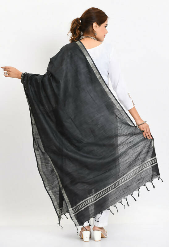 Mominos Fashion Moeza Women's Linen Cotton Silver Border Black Dupatta | Grocsy
