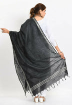 Mominos Fashion Moeza Women's Linen Cotton Silver Border Black Dupatta | Grocsy
