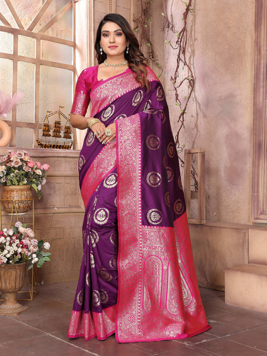 Joban Fashion Purple Banarasi Soft Silk Woven Saree | Grocsy