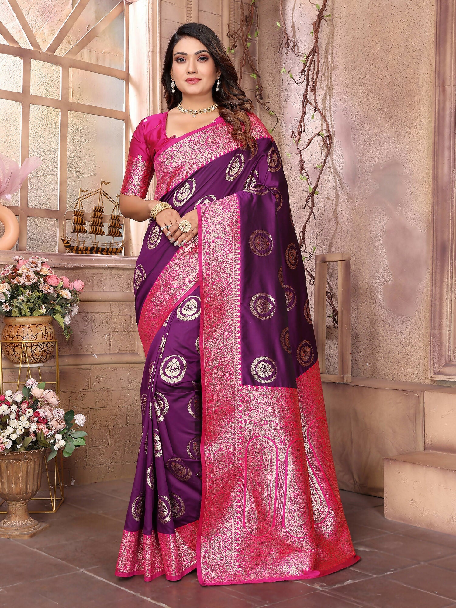 Joban Fashion Purple Banarasi Soft Silk Woven Saree | Grocsy