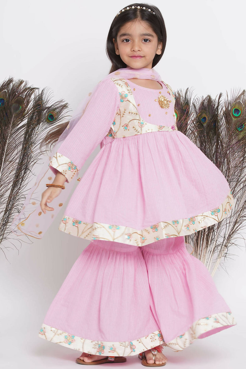 Little Bansi Floral Embroidery Jacket With Cotton Kantha Frock Sharara And Dupatta With Ghungroo Handwork - Pink | Grocsy