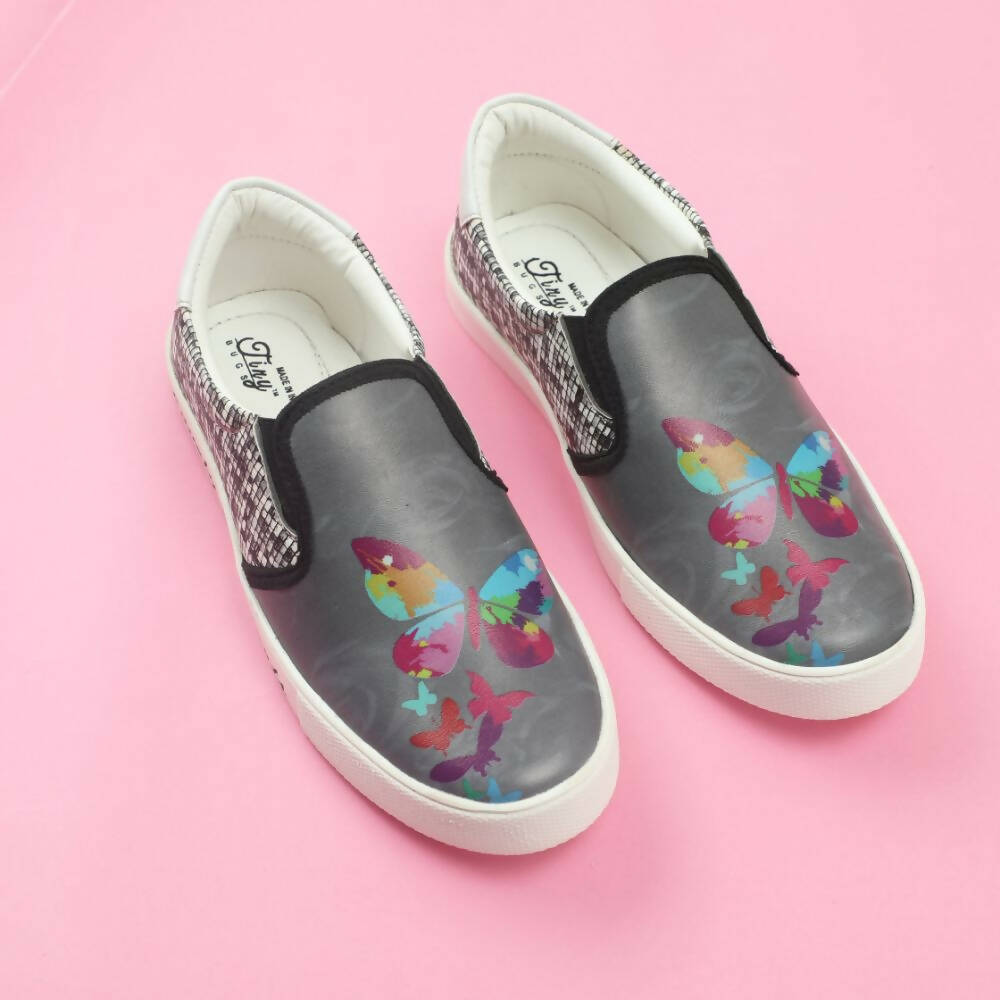Tiny Bugs Girls Butterfly Print Slip Ons Sneakers - Dark Grey | Grocsy