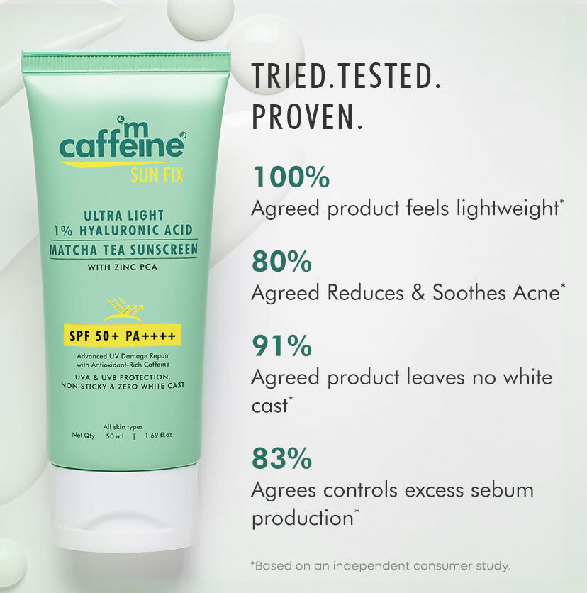 mCaffeine Sun Fix Ultra Light 1% Hyaluronic Acid Matcha Tea Sunscreen SPF 50+ PA++++ | Grocsy