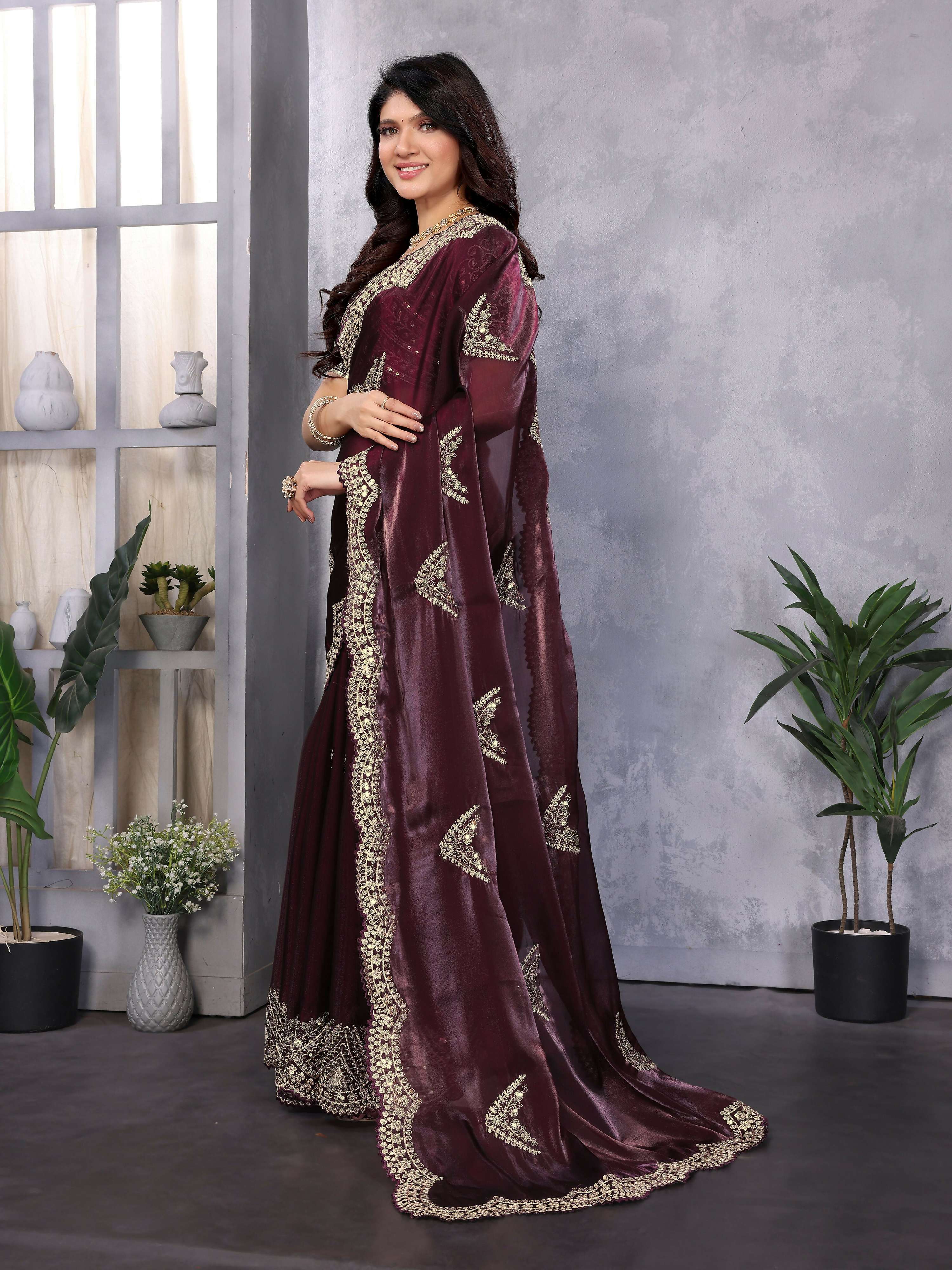 Vastranavya Wine Embroidery Work Shimmer Chiffon Saree with Unstitched Blouse | Grocsy