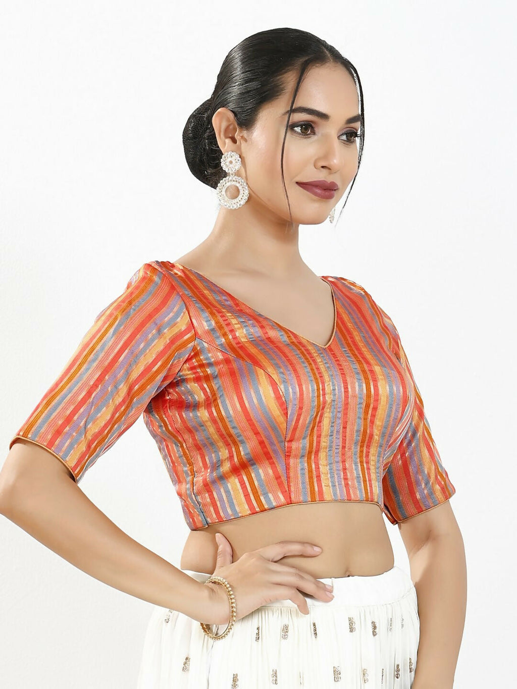 Joban Fashion Orange Multi Brocade Padded Blouse With V Neck Elbow Sleeves | Grocsy