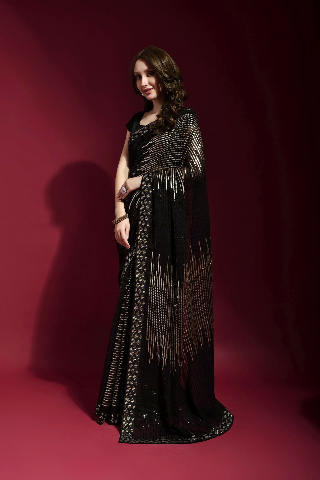 Vegaa Fashion Black Georgette Embroidered Party Wear Saree | Grocsy