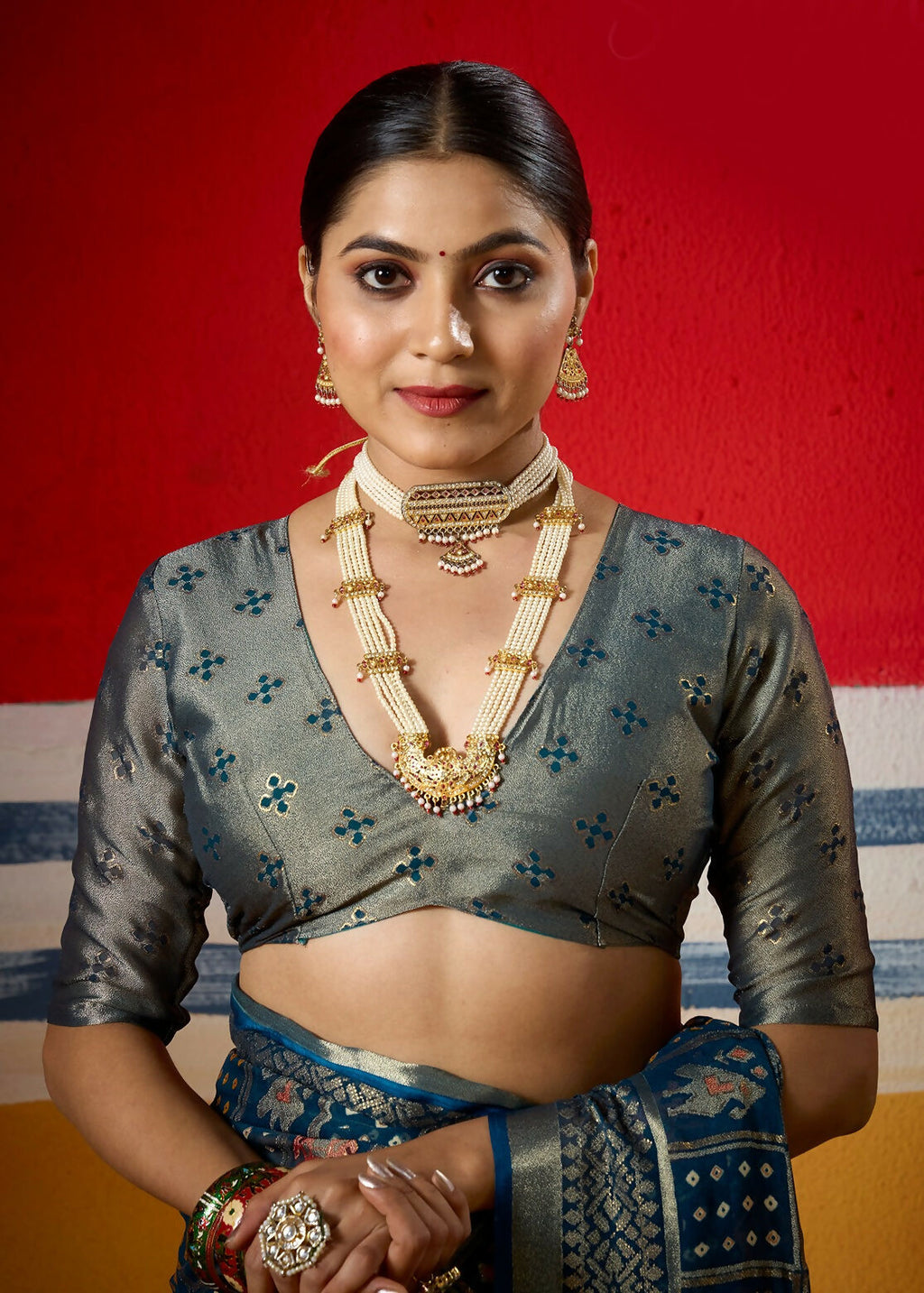 Joban Fashion Teal Blue Dull Moss Brasso Saree | Grocsy