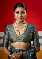 Joban Fashion Teal Blue Dull Moss Brasso Saree | Grocsy