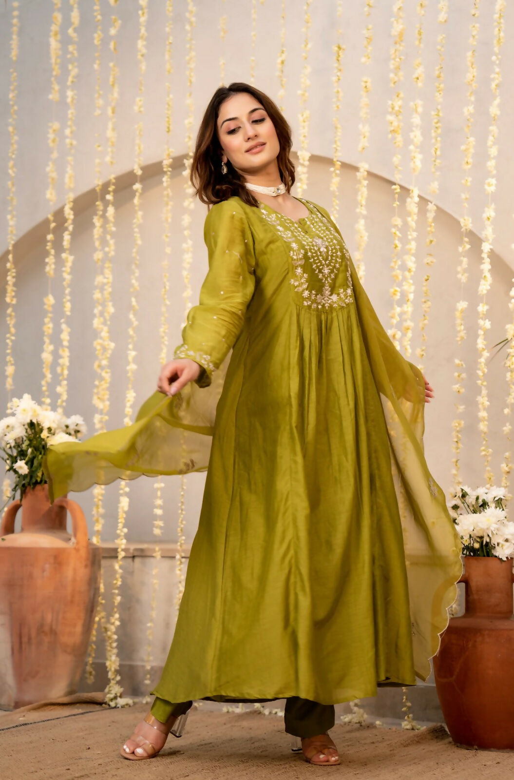The52 Women's Beautiful Embroidery Work Chanderi Silk Fabric Flared Kurta Pant and Dupatta Set-Light Green | Grocsy