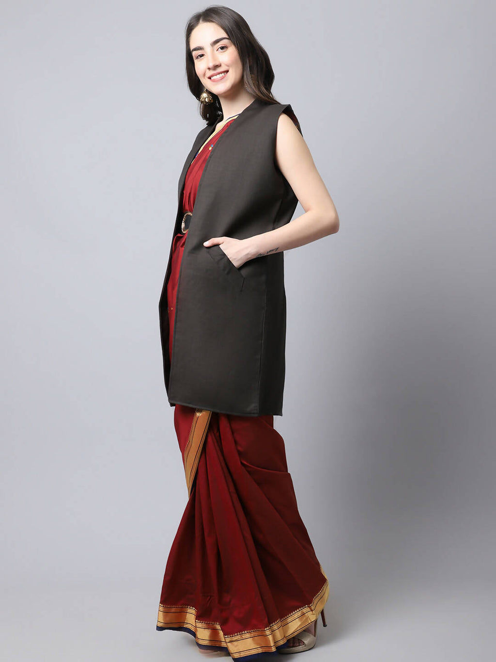Even Apparels Brown Polywool Open Front Women's Long Coat | Grocsy