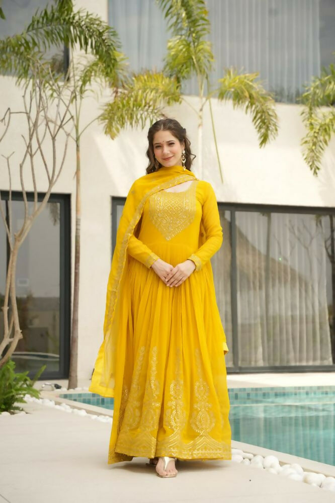Vastranavya Yellow Faux Blooming with Embroidery Zari Sequins Work Gown | Grocsy