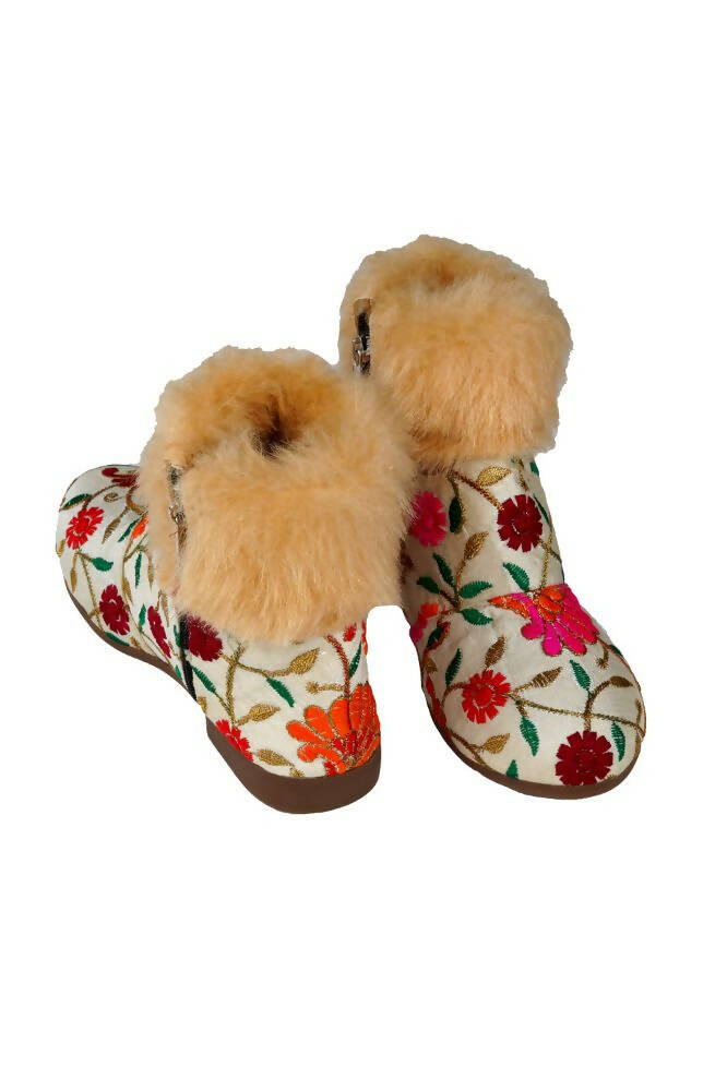 Tiny Bugs Girls Embroidered Anckle Ethnic Boots-Beige | Grocsy