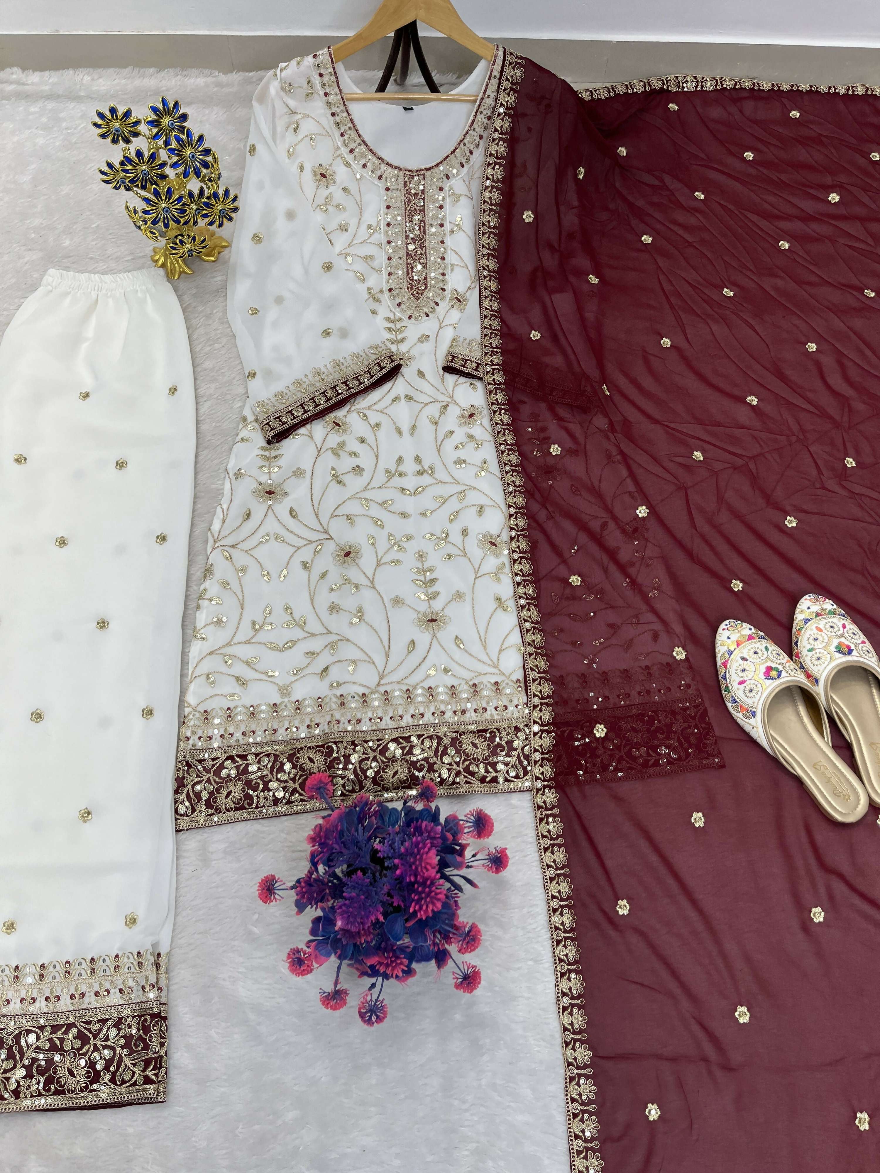 Teeya Creation White Color Faux Georgette Embroidery Work Long Party Wear Palazzo Suit | Grocsy