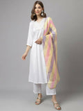FIORRA Women's White Cotton A-Line Kurta Pant With Dupatta | Grocsy