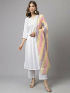 FIORRA Women's White Cotton A-Line Kurta Pant With Dupatta | Grocsy