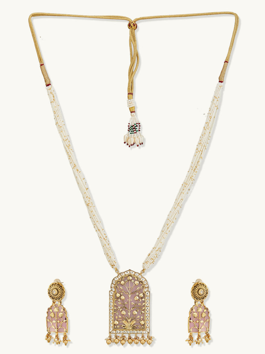 Nuyug 22K Gold-Plated Pearl Beaded Strings Floral Motifs Enamel Pendant Necklace Set | Grocsy