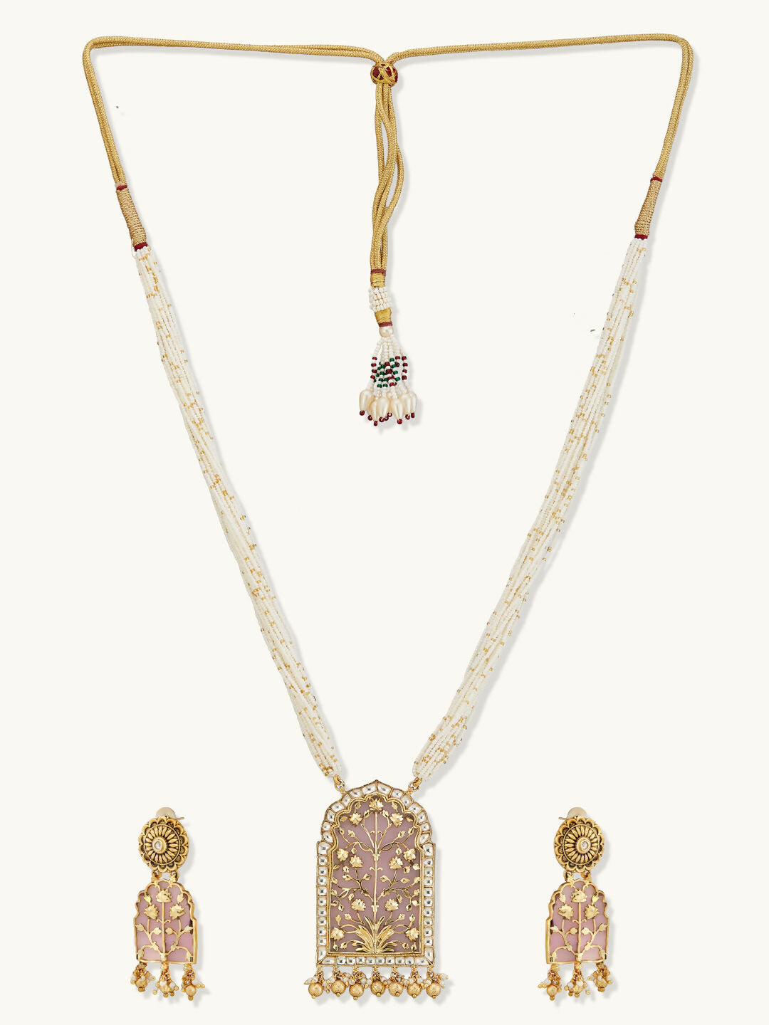 Nuyug 22K Gold-Plated Pearl Beaded Strings Floral Motifs Enamel Pendant Necklace Set | Grocsy