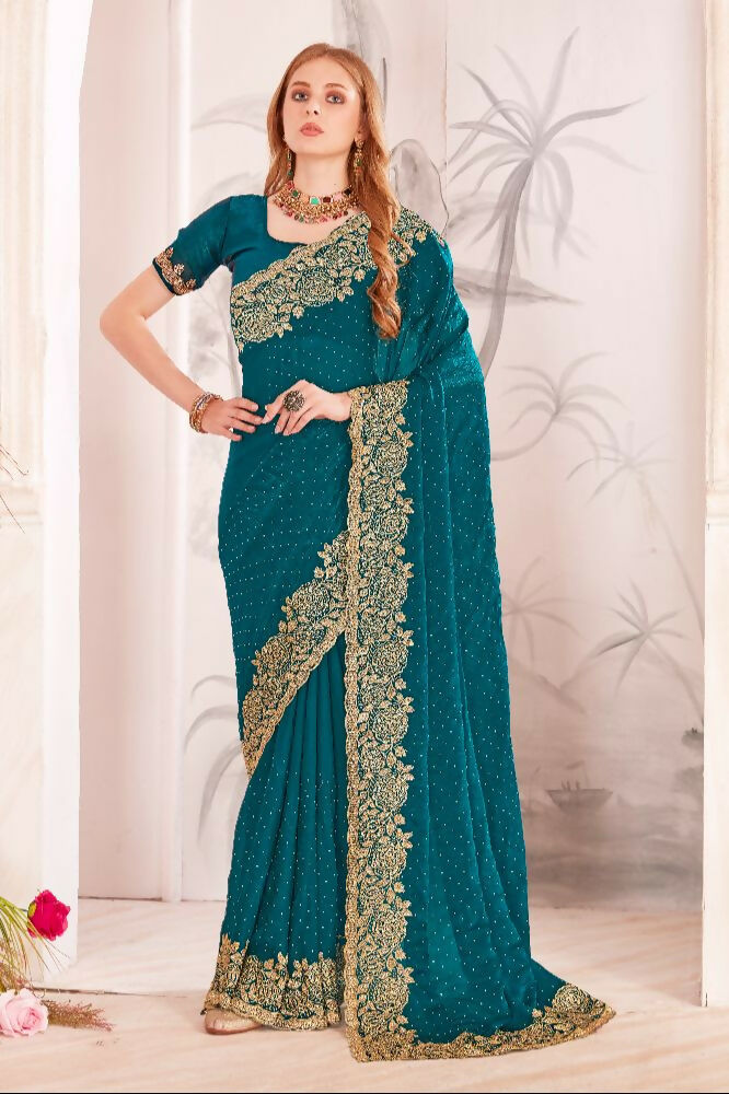 PR Fashion Morpeach Fendi Two Tone Silk Heavy Zari & Resham Embroidery Work With Heavy Zircon Work Saree | Grocsy
