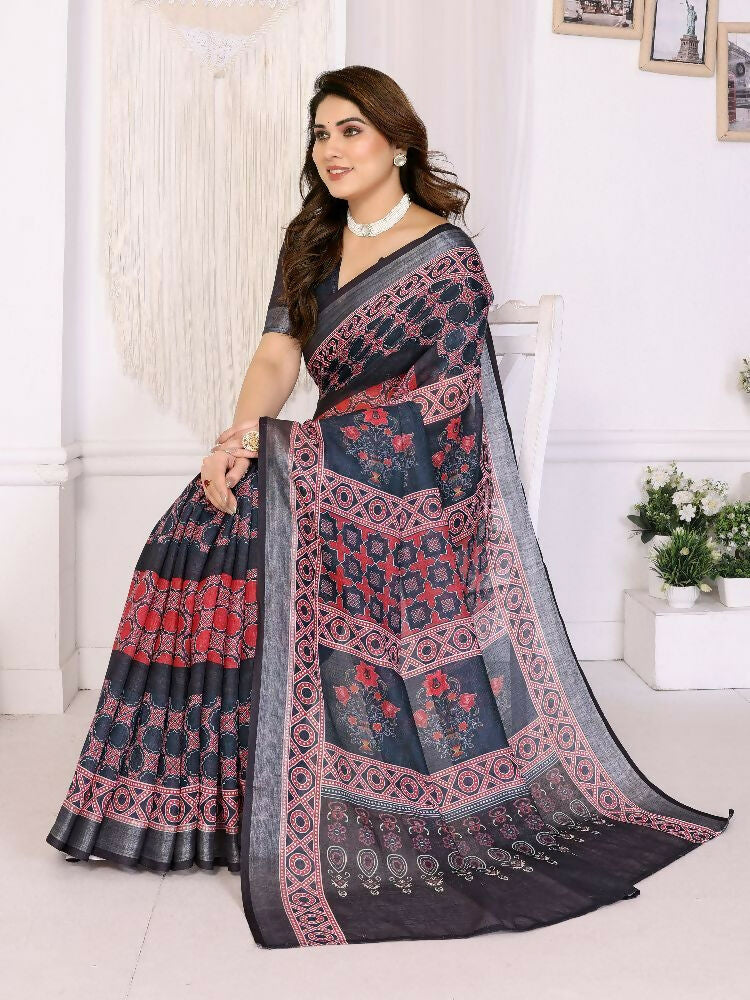 PR Fashion Wine Handloom Linen Cotton Zari Saree | Grocsy