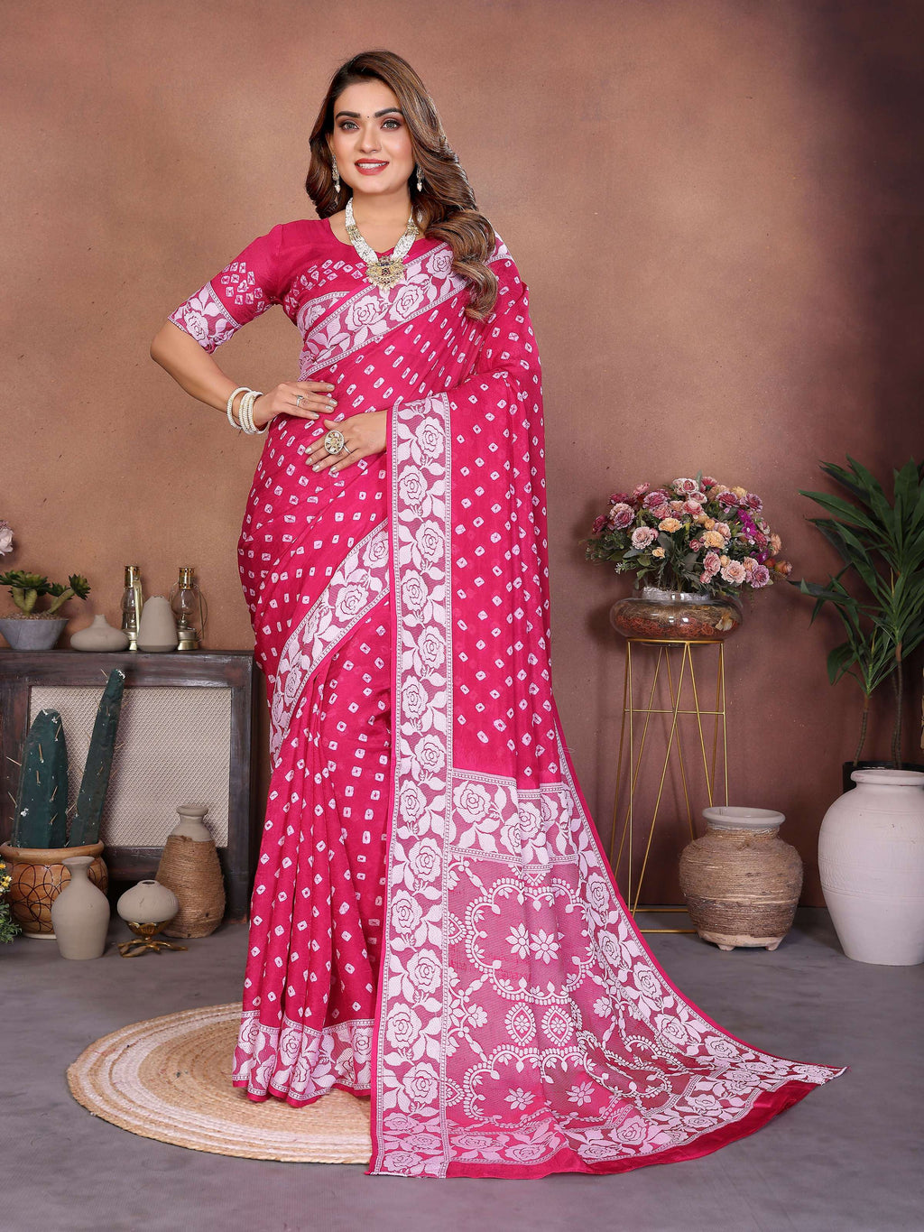 Aastha Fashion Pink Viscose Silk Handmade Original Bandhej Saree | Grocsy