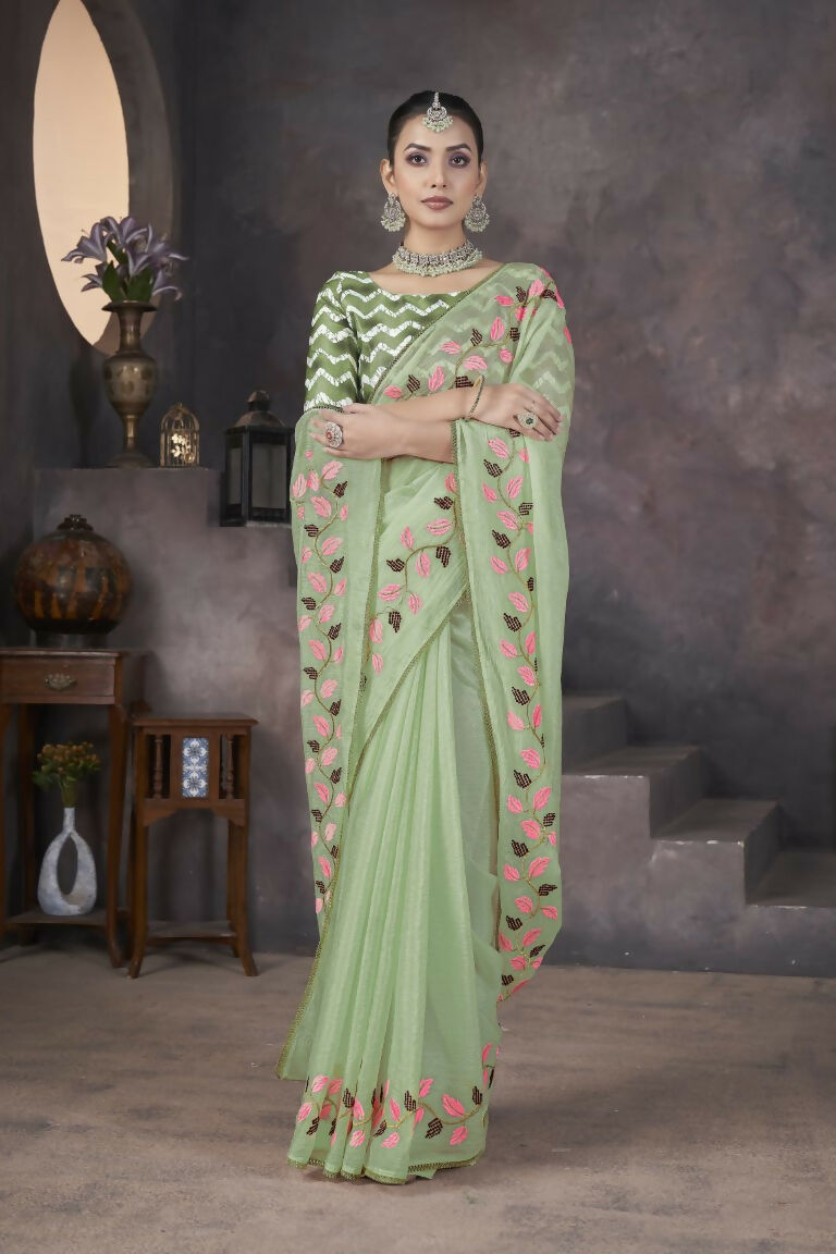 Vastranavya Green Soft Crush Georgette Thread Embroidery work of Leaf Pattern with Patched Lace Border Saree | Grocsy
