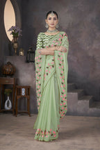 Vastranavya Green Soft Crush Georgette Thread Embroidery work of Leaf Pattern with Patched Lace Border Saree | Grocsy