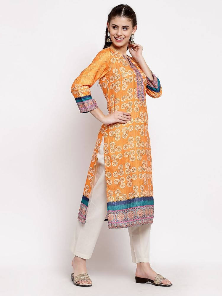 Myshka Women's Multi Cotton Printed 3/4 Sleeve Round Neck Casual Kurta | Grocsy
