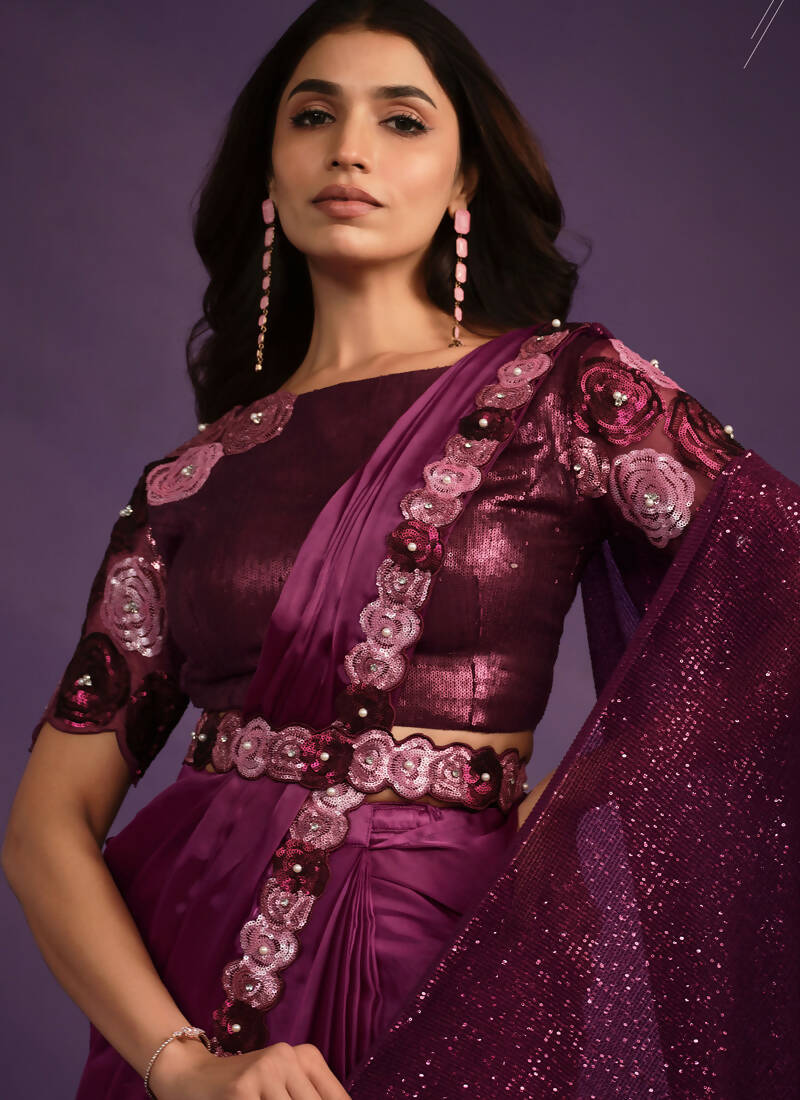 Purple Crepe Satin Silk Embroidered Saree With Stitched Blouse - Mohmanthan Exotica | Grocsy
