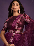 Purple Crepe Satin Silk Embroidered Saree With Stitched Blouse - Mohmanthan Exotica | Grocsy