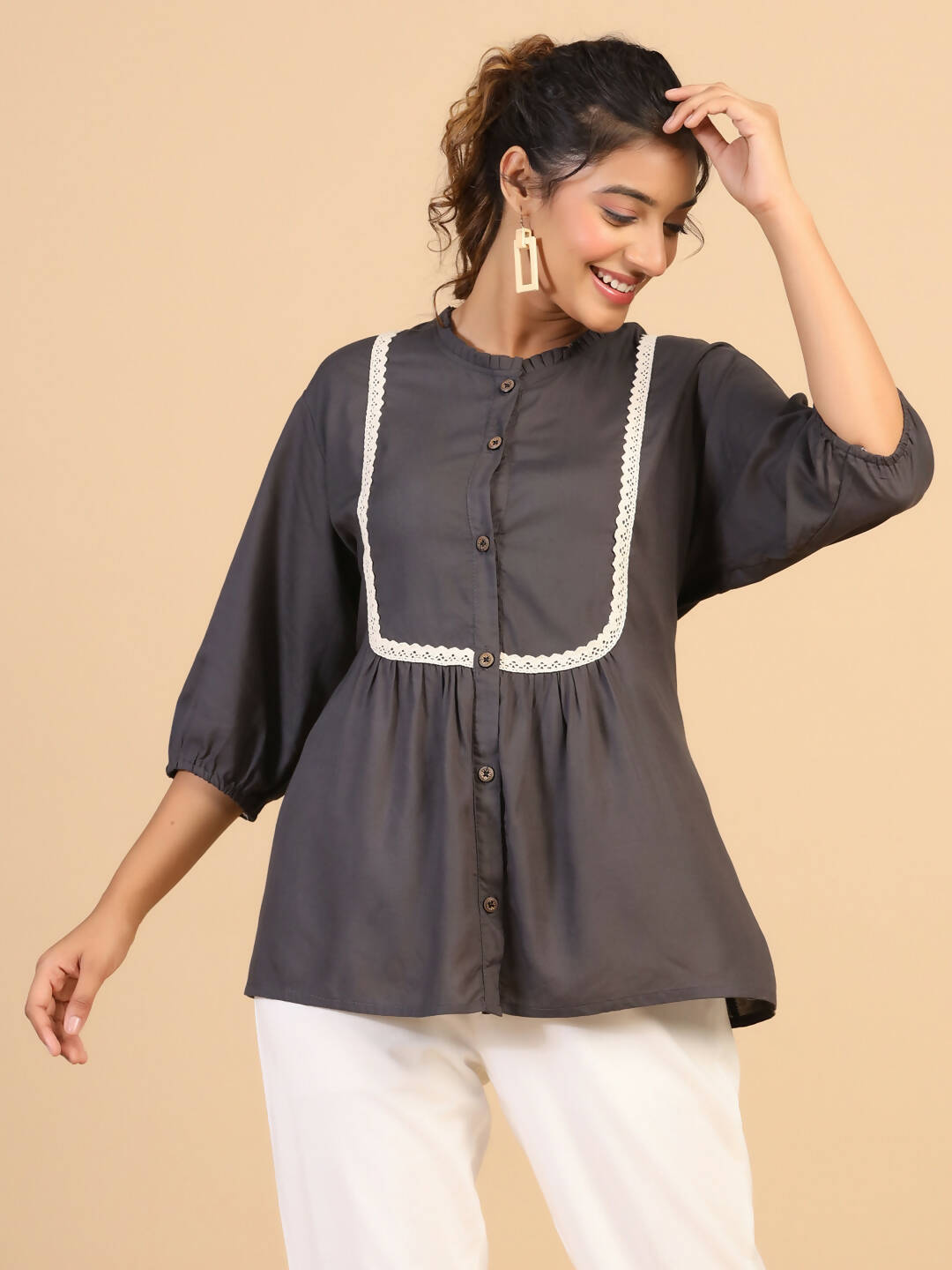Womens Grey Rayon Solid Top - Keeva | Grocsy