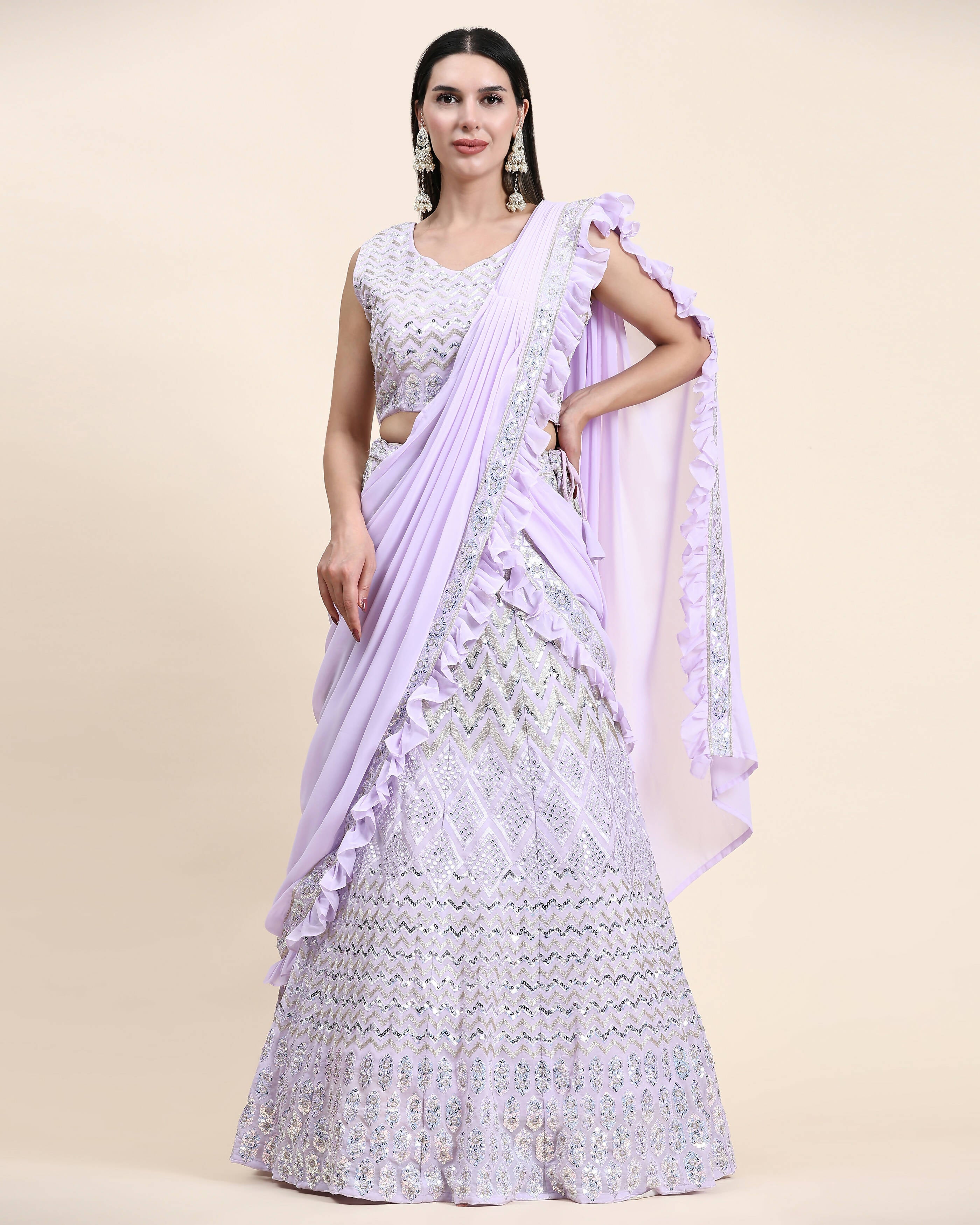 Lavender Pure Viscose Georgette Thread With Sequins Embroidery Work Lehenga Choli With Dupatta - Tanya | Grocsy