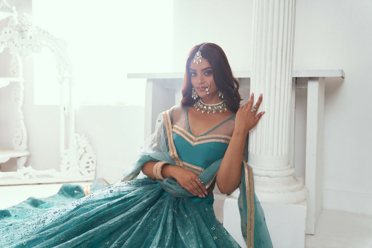 Eilara Beautiful Teal Net With Embroidered And Thread Zari Sequence Wedding Lehenga Choli | Grocsy
