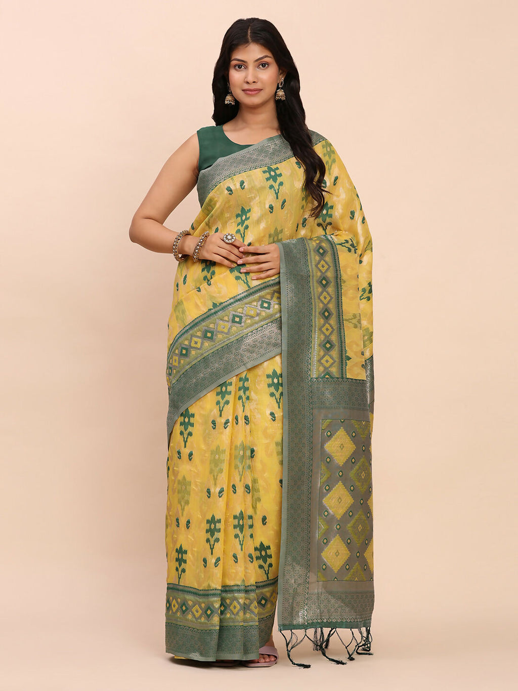 Shree Shyam Fashion Linen Cotton Yellow Saree | Grocsy