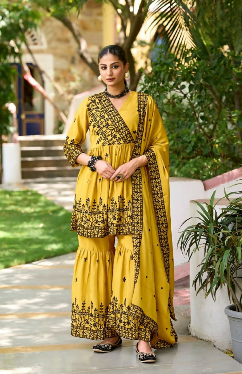 Anaita Yellow Chinon Readymade Sharara Suit with Embroidery Work | Grocsy