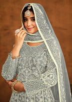 Grey All Over Embroidered Net Wedding Anarkali Suit - Emponline | Grocsy